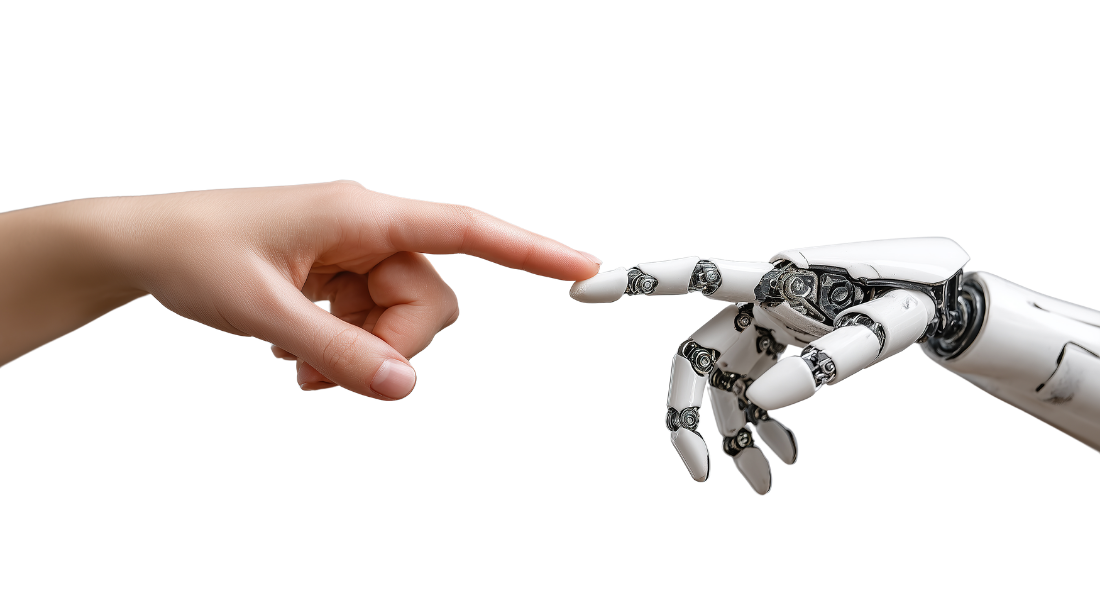 Menschliche und künstliche Hand berühren sich als Symbol für Technologie und Mensch