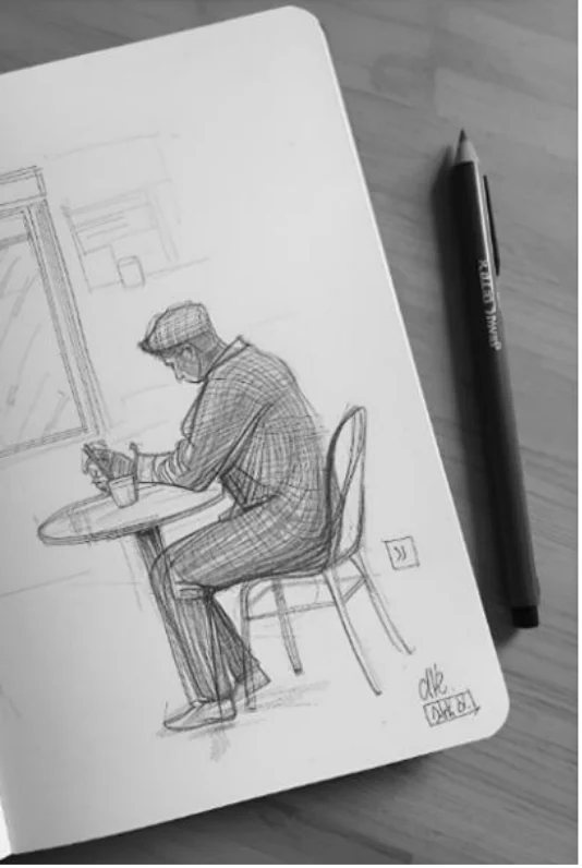 Bleistiftskizze: ein Mann sitzt allein an einem Cafétisch.