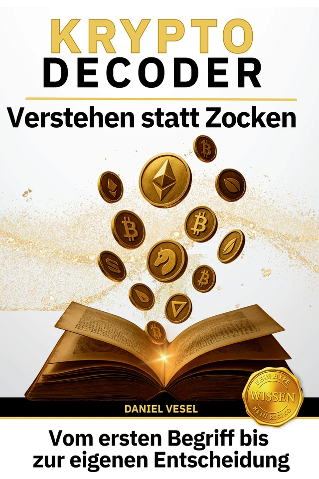 Buchcover Krypto Decoder. Verstehen statt Zocken. Daniel Vesel. Vom ersten Begriff bis zur eigenen Entscheidung.