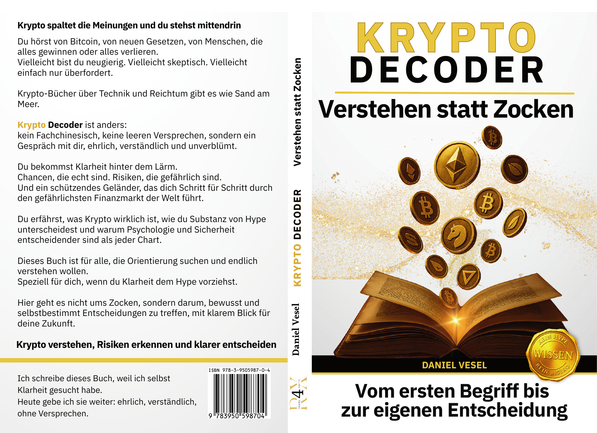 Vollständiger Umschlag des Krypto Decoder Buchs mit Rückseite, Buchrücken und Vorderseite
