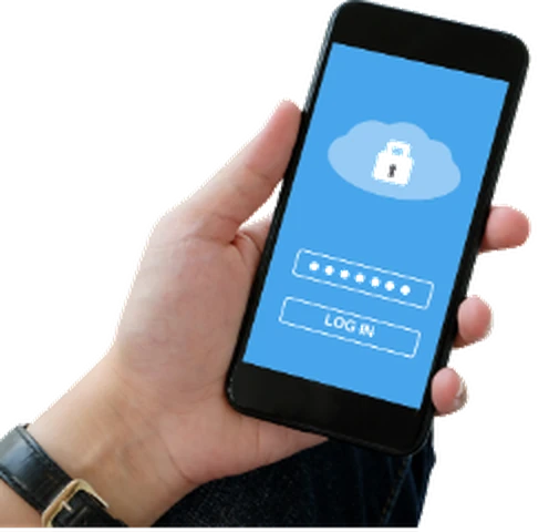 Hand hält ein Smartphone mit Anmeldemaske und Schlosssymbol