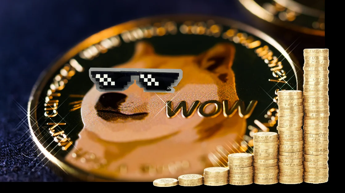 Große Dogecoin-Münze mit Sonnenbrille, daneben ansteigende Münzstapel