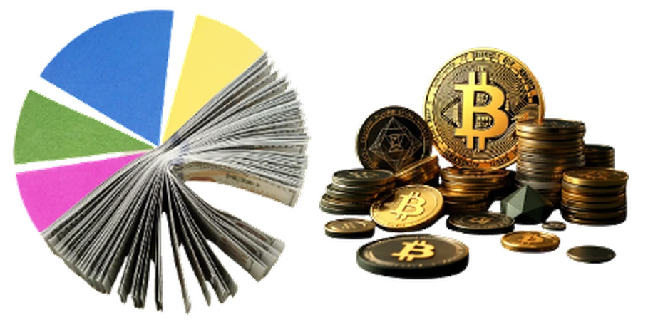 Ein Tortendiagramm aus Geldscheinen neben einem Stapel Krypto-Münzen
