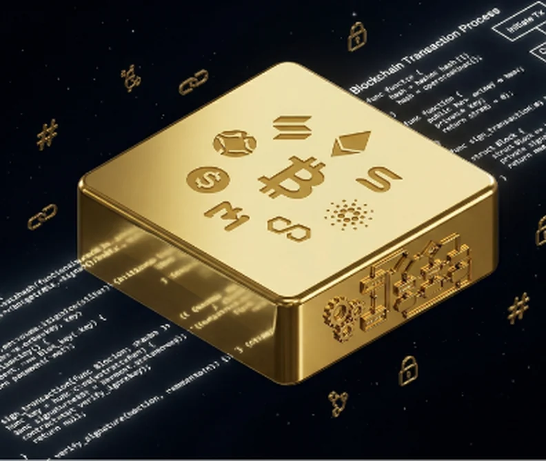 Goldener Barren mit eingravierten Krypto-Symbolen vor Programmcode