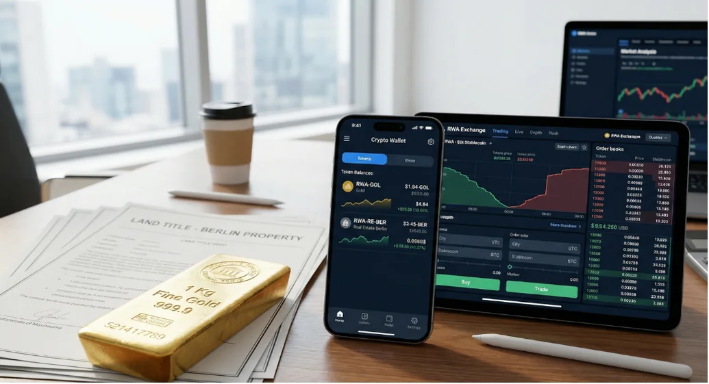 Schreibtisch mit Grundbuchunterlagen, einem Goldbarren sowie Smartphone und Tablet, auf denen tokenisierte Gold- und Immobilienwerte gehandelt werden