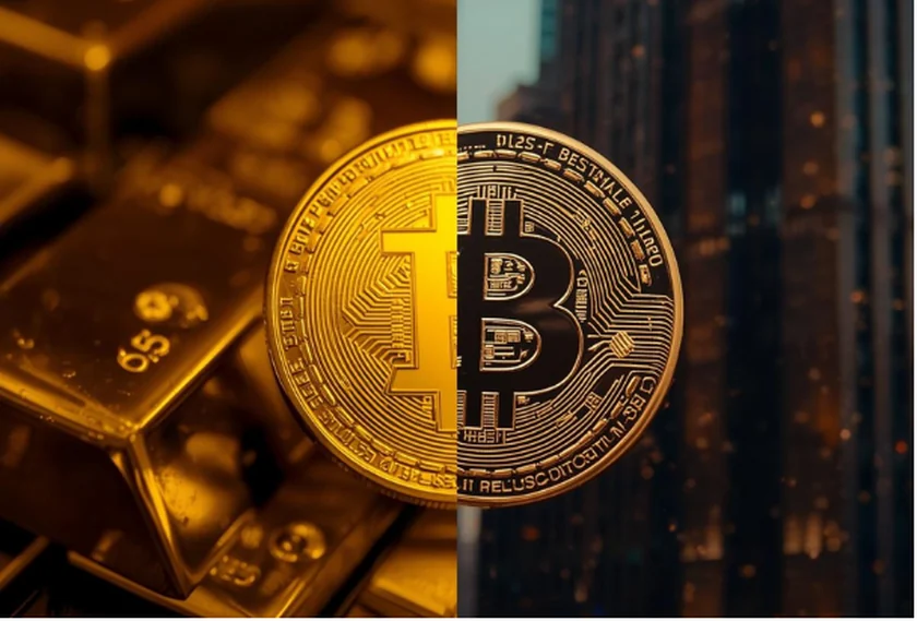 Eine Bitcoin-Münze, halb vor Goldbarren und halb vor einer Stadtsilhouette