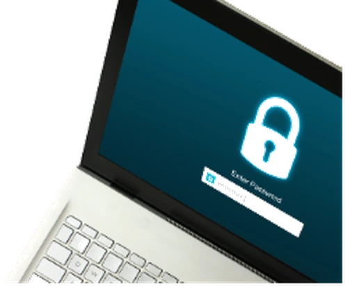 Laptop mit Passwortabfrage und Schlosssymbol auf dem Bildschirm