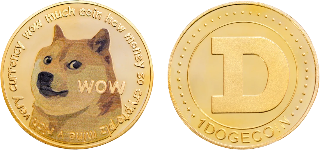Vorder- und Rückseite einer Dogecoin-Münze mit Hundemotiv und dem Schriftzug wow