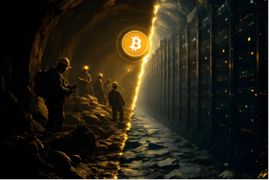 Bergleute in einem Stollen, dessen eine Seite in Serverschränke übergeht, dazwischen ein leuchtendes Bitcoin-Symbol