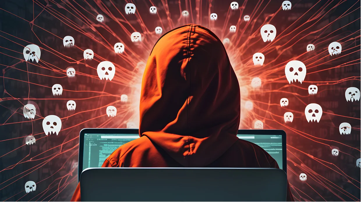 Person mit Kapuze vor einem Laptop, umgeben von Totenkopf-Symbolen in einem roten Netzwerk