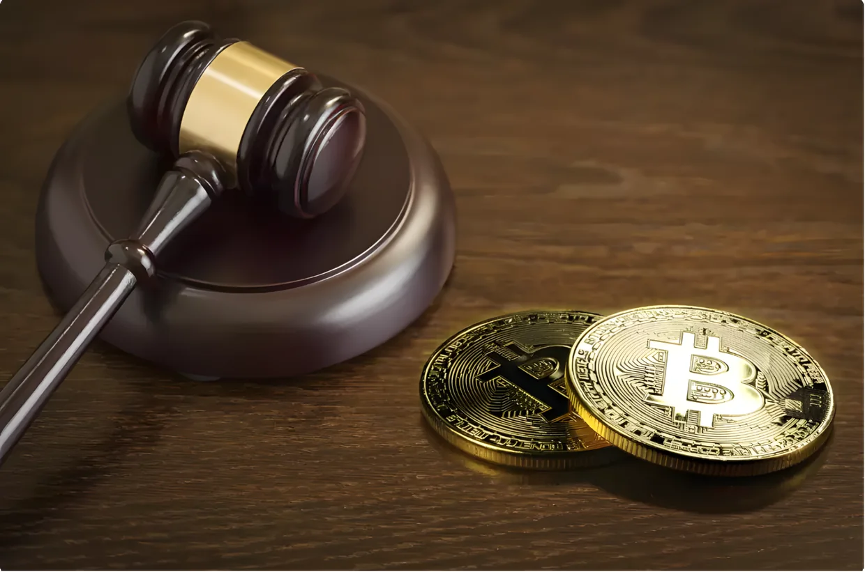 Richterhammer neben zwei goldenen Krypto-Münzen auf einem Holztisch
