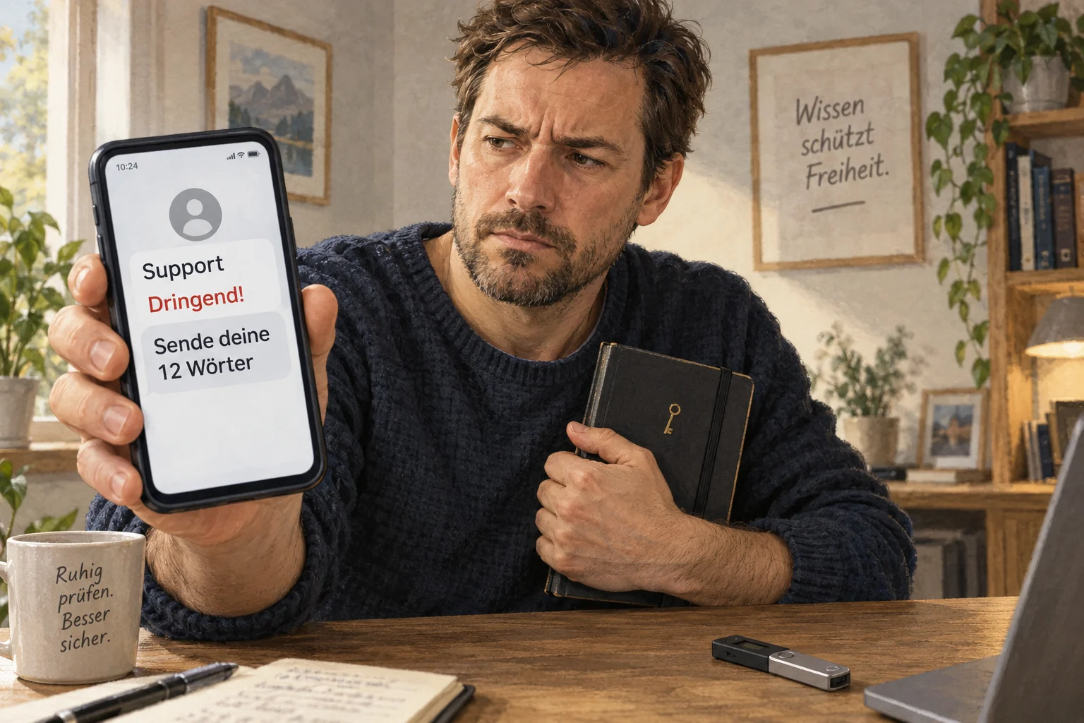 Illustration einer betrügerischen Supportnachricht: „Dringend! Sende deine 12 Wörter“. Der Empfänger hält seine privaten Unterlagen geschlossen bei sich und gibt sie nicht weiter.
